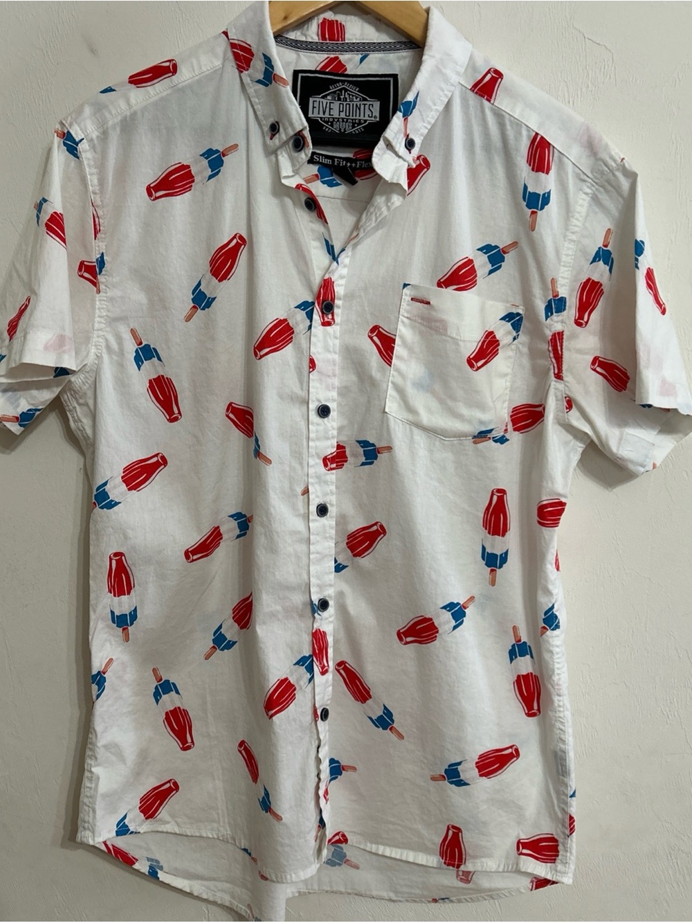 Five Points Youth Retro White Button-Down Shirt with Red & Blue Popsicle Med - Picture 4 of 10
